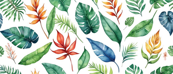 Wall Mural - Tropical leaves pattern background watercolor style2