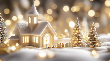 Christmas Eve. pastel claymation of a snow-covered church at night, with soft, glowing windows and a childlike nativity scene outside