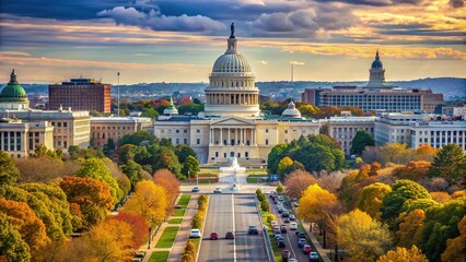 Majestic neoclassical Supreme Court Building stands proudly in Washington D.C., its pillars and Dome rising above the capital city's bustling streets and historic landscape.