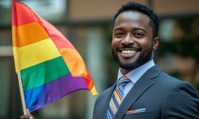 Happy african american black businessman waving a rainbow flag during pride month. Inclusive  AI, Generative AI