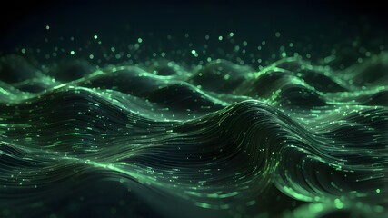 Wall Mural - Data flow is represented by abstract digital waves with binary information on a dark green background.