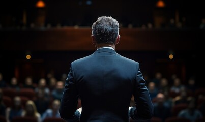 Back view of Man in business suit giving a speech on the stage in front of the audience, Generative AI