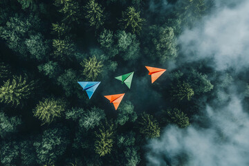 Top down view of colorful paper airplanes flying over a forest