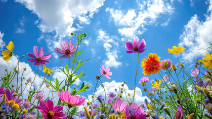 full of colorful blooming flowers pink chrysanthemums, yellow daisies, purple cosmos, green leaves, and red roses looking up at the bright blue sky and white clouds background