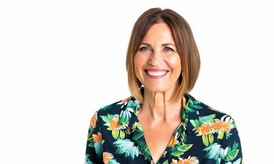 Wall Mural - Beautiful middle aged woman with flower patterned shirt on white background