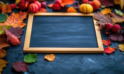 Wall Mural - Blank menu board on a counter, decorated with autumn leaves