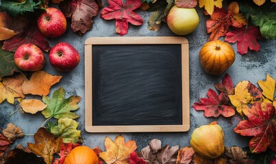 Wall Mural - Chalkboard in the center of a countertop, decorated with autumn leaves