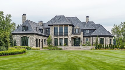 Poster - A large house with a green lawn and trees in the background, AI