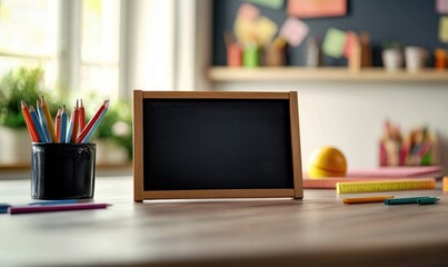 Wall Mural - Empty board on a countertop, surrounded by school-themed decorations