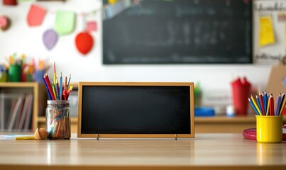 Empty board on a countertop, surrounded by school-themed decorations