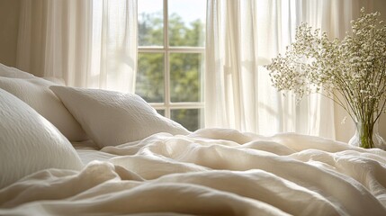 Wall Mural - Serene Minimalist Bedroom with Soft Textures and Natural Light