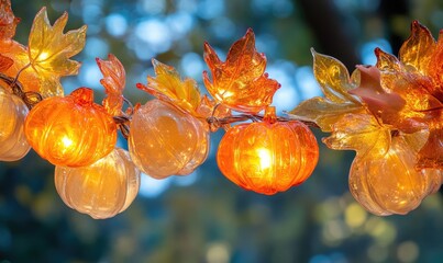 Garland of glass pumpkins and leaves, autumn ambiance