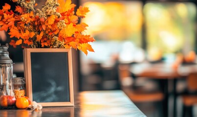 Menu board on a countertop, decorated with vibrant autumn foliage