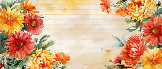 Wall Mural - watercolor blooming chrysanthemum flowers with leaf border frame on old vintage grunge wide journal paper with blank space in the center