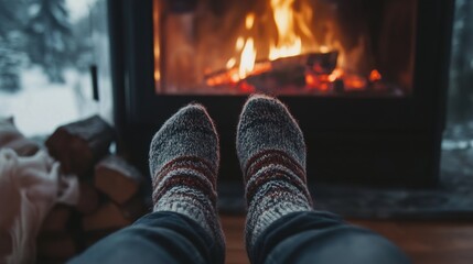 Canvas Print - A person's feet are in front of a fire place, AI