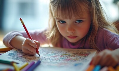 Young girl coloring in a book, colored pencils all around