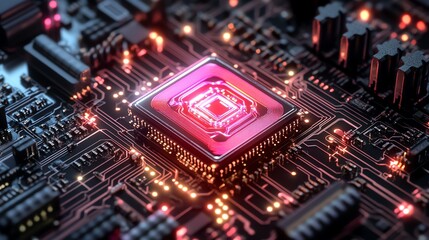 Poster - Close-up of a glowing CPU on a circuit board.