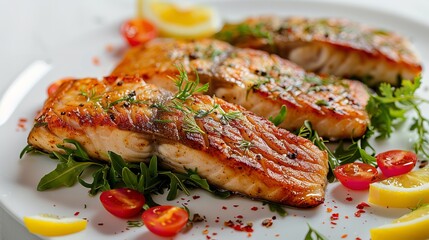 Wall Mural - Piece of roasted salmon with tomatoes and herbs on white plate.