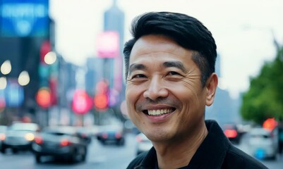 Canvas Print - Portrait of happy Asian man smiling at the camera in the city