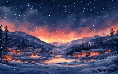 Sticker - A serene winter landscape features snow-covered hills, twinkling lights, and a tranquil river under a starlit sky.