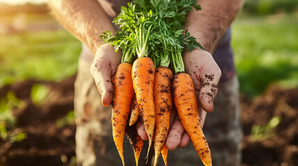 Hands hold a vibrant bunch of freshly harvested carrots, showcasing their natural dirt and green tops against the backdrop of an agricultural field at morning light