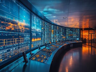 Fototapete - Control room with data screens and control panel.