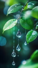 Wall Mural - Crystal drops hanging from leaves.