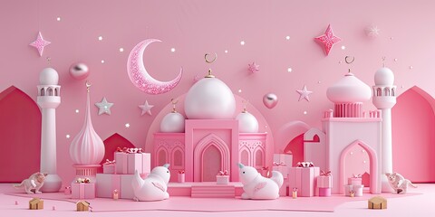 Pink Mosque with Unicorns and Gift Boxes