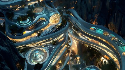 Poster - futuristic city with organic architecture, showcasing a blend of nature and technology the image cap