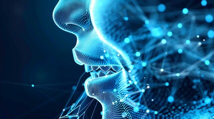 Poster - abstract digital face made of glowing particles and lines, representing artificial intelligence and 