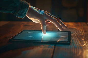 Wall Mural - Hand reaching for a tablet screen with a glowing light, warm wooden background.