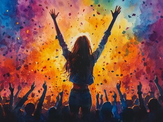 A vibrant and energetic scene of celebration with colorful confetti and joyful people raising their hands in excitement.