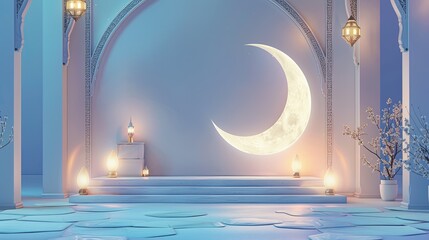 Crescent Moon and Lanterns in a White Interior