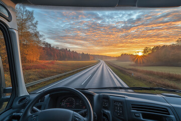 Poster - View From The Driver's Seat Of A Truck Of The Highway And A Landscape Of Fields At Dawn.