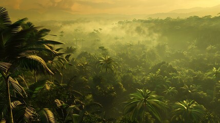 Silhouette of palm trees against a vibrant sunset over a tropical island, with rolling fields of wheat in the foreground