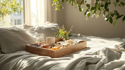 Canvas Print - A tray of a bed with food and drinks on it, AI