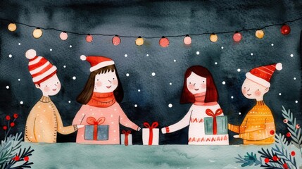 Watercolor painting of a gift exchange among friends at a Christmas party, twinkling lights and festive decorations, holiday cheer