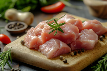 Wall Mural - Raw chicken meat cutting on a wooden board commercial advertising photo