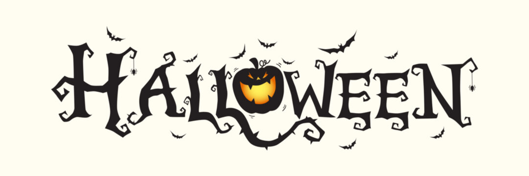 Horizontal Halloween Text Banner With Flying Bats, Pumpkin , White Background Vector.