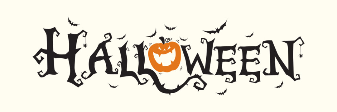 Horizontal Halloween Text Banner With Flying Bats, Pumpkin , White Background Vector.