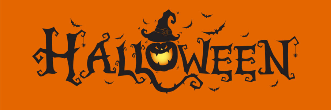 Horizontal Halloween Text Banner With Flying Bats, Pumpkin , Orange Background Vector.