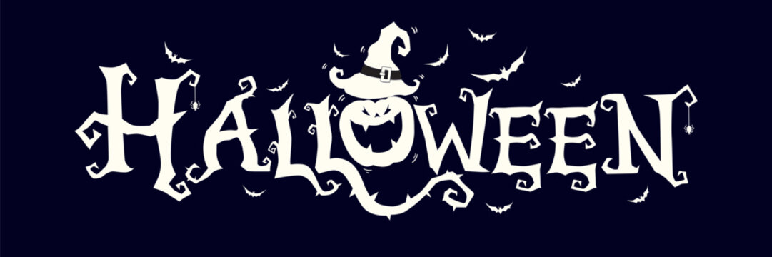 Horizontal Halloween Text Banner With Flying Bats, Pumpkin , Dark Background Vector.