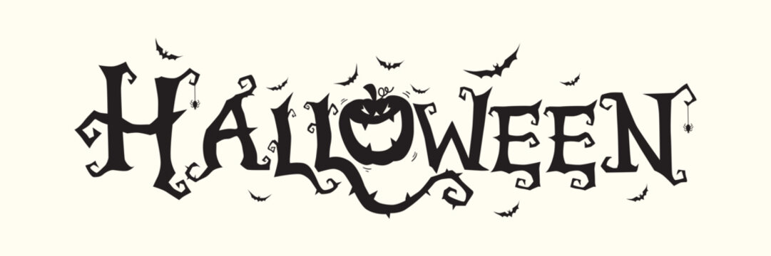 Horizontal Halloween Text Banner With Flying Bats, Pumpkin , White Background Vector.