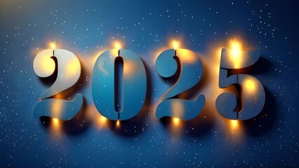 Wall Mural - Happy New Year 2025, festive background with numbers 2025. Shiny text 2025 on blue festive background, greeting card, Christmas and New Year celebration, holiday season, sparkling light frames