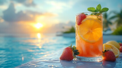 Vibrant Tropical Fruit Cocktail with Strawberries, Lemon Slices, and Mint Served by the Poolside Generative AI