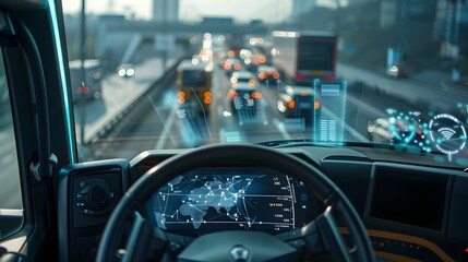 futuristic truck dashboard displaying real time data and network connections on busy highway