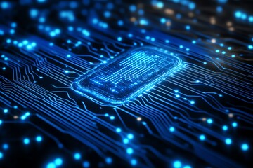 Poster - Futuristic Blue Circuit Board With Glowing Microchip.