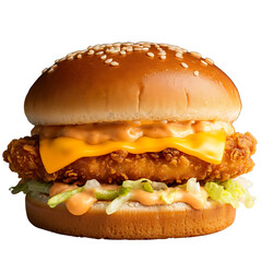 CRISPY CHEESY CHICKEN PATTY BURGER. png isolated background. transparent background