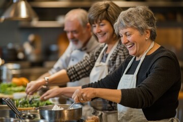 Wall Mural - Middle-aged friends enjoying a hands-on cooking class, mixing ingredients and learning new culinary skills