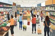 © kitipol - A bustling supermarket scene illustrated in vector style, filled with diverse shoppers navigating aisles, showcasing a lively retail environment